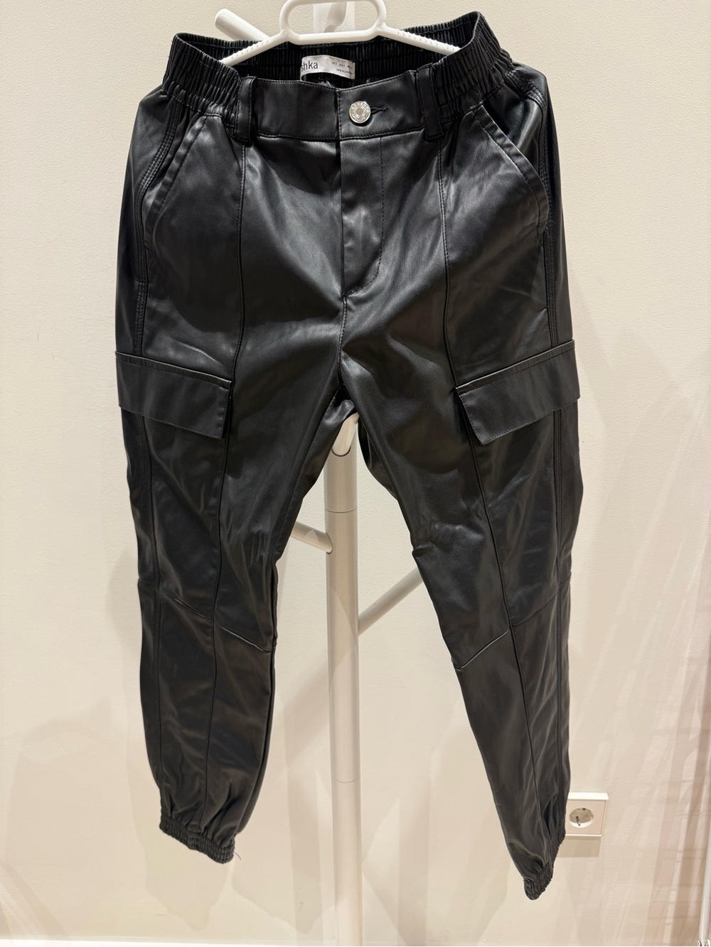 Black Faux Leather Cargo Joggers